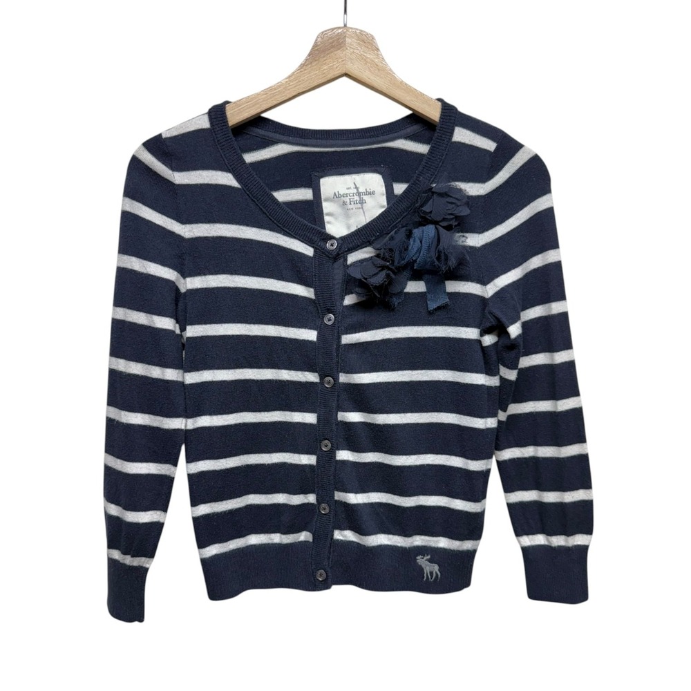 Abercrombie & Fitch Y2K Blue Striped‎ Button Cardigan Sweater Sz S Ruffle Flower